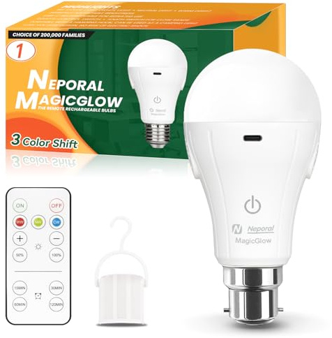 Neporal Rechargeable Light Bulb, Remote+Dimmable+3 Colors, B22 Bayonet 1PK