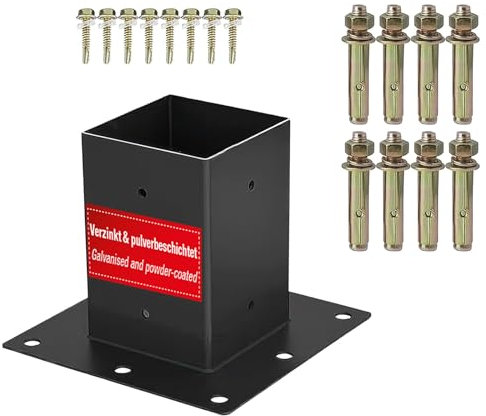 SOTECH Ancre à visser 100 x 100 mm acier carré galvanisé et revêtu par poudre noir pour une protection maximale contre la corrosion, Ancrage de poteau de terrasse à visser