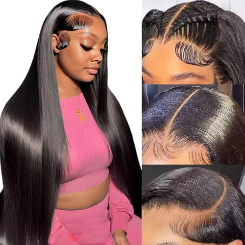 Junemet 22 Zoll Echthaar Perücke 200% Dichte 13x4 Lace Front Human Hair Wig | Straight Perücke Damen Echthaar for Women Brazilian Lace front Wig Pre Plucked Glueless Human Hair Natürliche Farbe