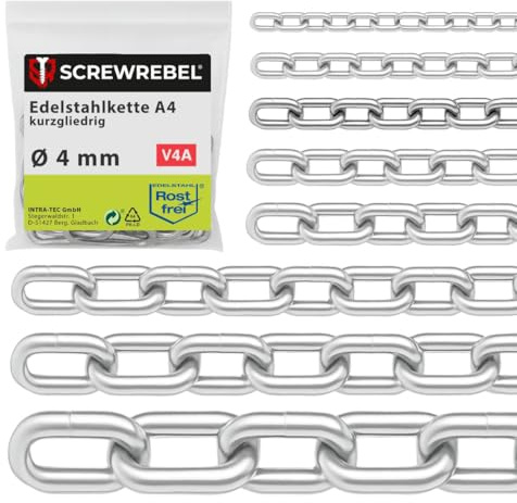 SCREW REBEL 4,0 mm starke Edelstahlkette A4 rostfrei, Absperrkette 10 m lang, kalibriert, Zaunkette kurzgliedrig DIN 766, Metallkette, Rundstahlkette V4A mit 10 Meter Länge