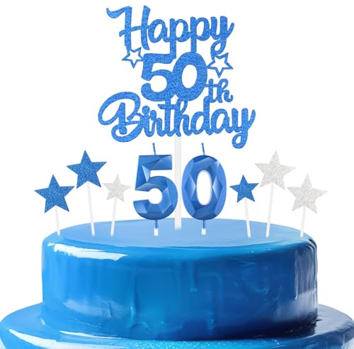 mciskin Set di candele blu reale per 50° compleanno, decorazioni per 50° compleanno da uomo, numero 50 candele blu reale per torta, decorazioni personalizzate per torte con stella per donne e uomini