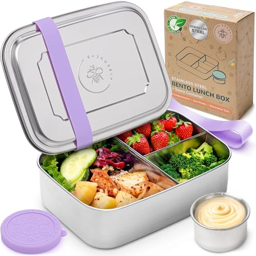 Everusely - Bento Box - Lavender - 1,4 L - Fiambrera grande de acero inoxidable con recipiente para salsas hermético - Recipiente para snacks de 3 compartimentos