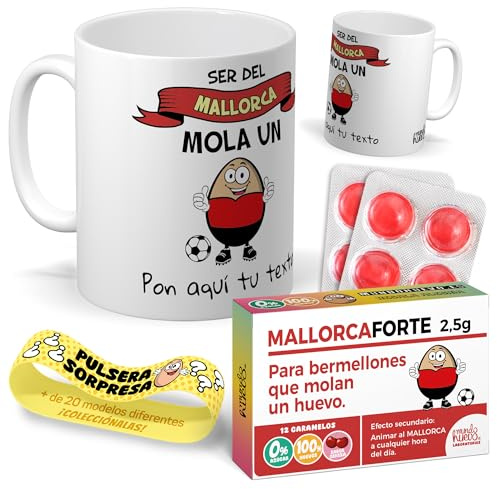 Kit regalo personalizado para aficionados del Mallorca | Taza personalizada Ser del Mallorca mola un huevo + Caramelos divertidos + Pulsera sorpresa | Regalo para Mallorquines, fútbol, Navidad
