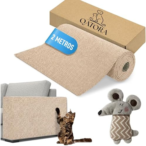 QATORA - Alfombra Rascador para Gato con Peluche Estimulante - Protector Sofa Gatos Arañazo - Desestresante - Autoadhesivo - Resistente - Versatil - 40x200 cm (Beige)