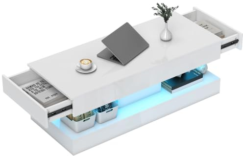 HOMCOM Couchtisch Hochglanz mit LED Beleuchtung 120 x 50 x 42 cm Weiß | Wohnzimmertisch, 12-Farbiger, Moderner Beistelltisch, 2 Schubladen, Offenes Regal, Kaffeetisch, für Wohnzimmer