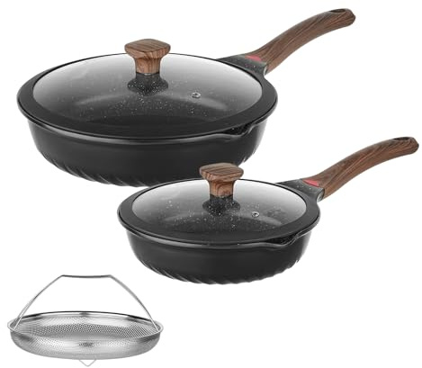 Vinchef 10 & 12 Nonstick Ceramic Frying Pan Set with Lids, 2-Pack | Black German 3C+ toxin-free ceramic PFOA/PTFE-free Induction/gas compatible Heat indicator handles Lightweight die-cast set