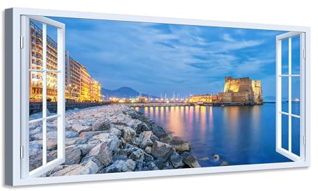 Quadro finestra panorama Napoli Castel dell’Ovo - Stampa su tela con telaio in legno - 80x40 cm