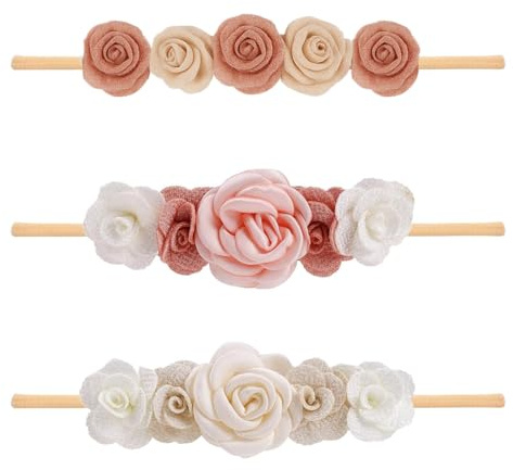 3 Stück Blumenstirnbänder, Blume Elastisches Haarband für Baby Mädchen und Kinder, Säuglinge, Neugeborene, Kleinkinder und Kinder, Weiche Neugeborene Kleinkind Haarschmuck, für Hochzeit Familienfoto