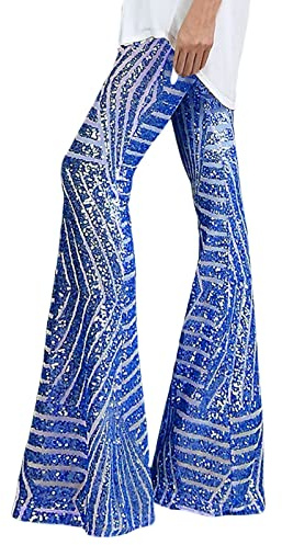 Pantalon à paillettes pour femme avec jambes larges - Mode brillant - Taille haute - Pantalon évasé - Danse disco - Pantalon long - Pantalon de fête streetwear