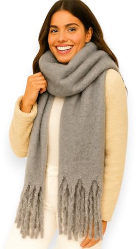 Ziona Damen Schal Winter XXL – kuschelig weich, breit & warm – mit Fransen, einfarbig, Herbst Accessoire aus 100% Viskose, 175 x 50 cm (Grau)