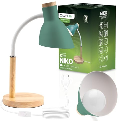 Lumiled LED Schreibtischlampe E27 Fassung 13W Grün Holzdetails Verstellbarer Flexarm Kabelschalter Tischlampe Leseleuchte Arbeitslampe Skandinavisch für Büro Home Office Schlafzimmer Kinderzimmer