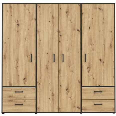 Forte MONISSA Kleiderschrank 200, moderner Drehtürenschrank, 4-türig, 4 Schubladen, Holzwerkstoff, Artisan Eiche Holzdekor|Schwarz, 205,9 cm breit x 200,1 cm hoch x 59 cm tief