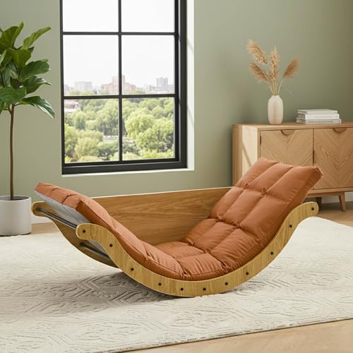 GOLDFAN Fauteuil a Bascule en Bois avec Accoudoirs, Rocking Chair Multifonctionnel, Fauteuil Allaitement Confortable, Chaise à Bascule pour Salon, Chambre, Orange