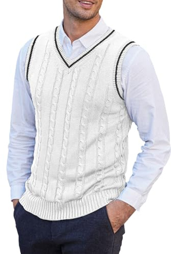 Stickad herrtröja väst, klassisk kabelstickad ärmlös pullover, v-ringad mjuk stickad väst, lätt stretchig jumper väst för män, ribbad fåll retro stickade kläder