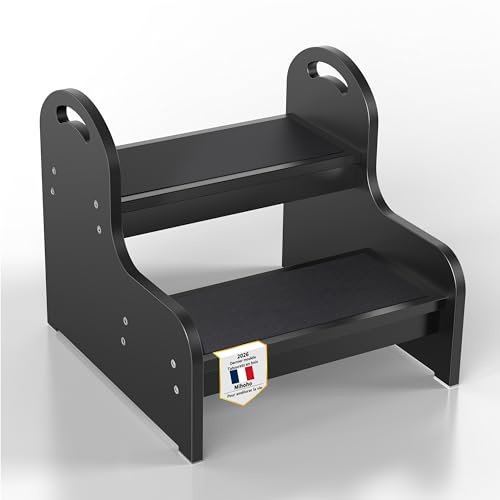 Tabouret à 2 marches en Bois pour Enfants avec Surface antidérapante, Tabouret à Pied pour Tout-Petit pour lavabo de Salle de Bain/Toilette/Cuisine/lit (Noir X)