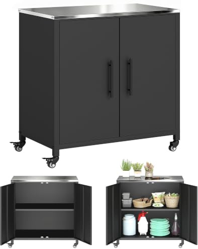 Outsunny Armoire de Jardin en Métal Extérieur roulettes 80x50x90 cm Noir | Armoire de Rangement de Jardin, Toit en Acier Inoxydable, Portes Magnétique, Étagère Amovible