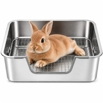 HYLYUN Bandeja de arena para conejos con rejilla de tamizado de acero inoxidable, caja de arena de conejo de entrada baja, inodoro de entrenamiento de baño, inodoro con control de olores para conejo
