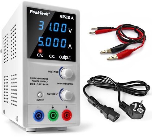 PeakTech 6225 A – Fuente de alimentación 0-30V / 0-5A, ajustable, DC con pantalla LED de 4 dígitos, conmutación estabilizada, amperímetro, sobrecarga y prueba de cortocircuito, diseño estrecho
