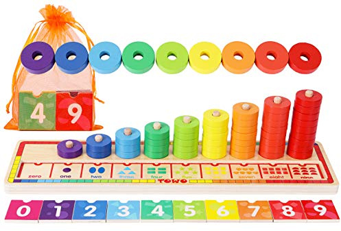 TOWO Holz-Stapelringe Zählspiel, 45 Ringe zum Zählen Lernen | 45 Ringe und Zahlenblöcke zum Sortieren, Zählen und Rechnen; Montessori-Lernspielzeug aus Holz für Kinder ab 3 Jahren.
