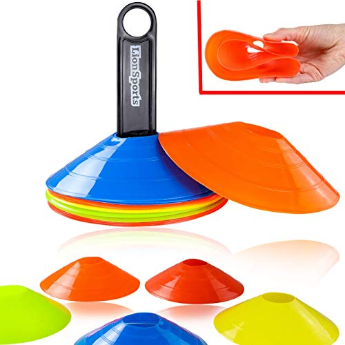 LionSports Profi Markierungshütchen Set (verbesserte Version 2024) – Perfektes Fussball Trainingszubehör - Mit praktischem Halter - Perfekte Fussball Hütchen