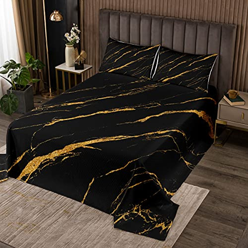 Tbrand Marmor gedruckt Tagesdecke 240x260cm schwarz Goldener Marmor Bettüberwurf schickes modernes Marmor Design Steppdecke für Kinder Frauen Männer abstrakte Kunst Mit 2 Kissenbezug