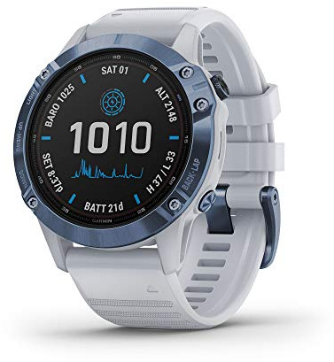 Garmin fenix 6 Pro Solar, Multisport GPS Watch with Solar Charging Capabilities, Advanced Training Features and Data, Mineral Blue with White Band (Renewed)