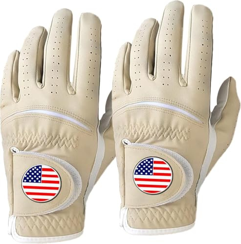 FINGER TEN Golf Gloves Men Colorful 2 Pack for Left Right Handed Golfer, Comfortable Gloves with Ball Marker for Serious Performance,Fit Size Small Medium ML Large XL (Khaki,M/Large,Worn on Left Hand)