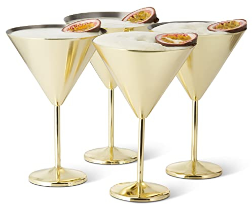 OS Oak & Steel ENGLAND 4 Copas de Martini Largas Doradas - Copa de Acero Inoxidable Irrompible - 20 x 14 cm, 460 ml