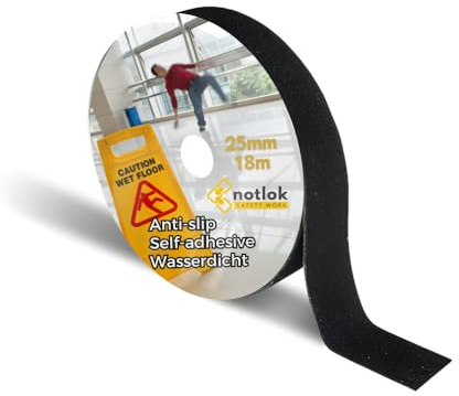 notlok Safety Work - Antirutsch Klebeband [ 18M x 2,5cm ] Schwarz | Griptape für den Innen- und Außenbereich | Grip Tape, Anti Rutsch Streifen, Antirutschstreifen Treppe, Treppenstufen Antirutsch