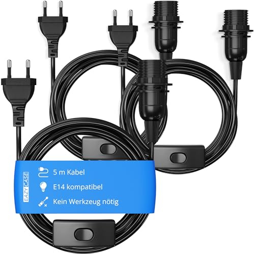EAZY CASE 3x E14 Lampenfassung mit 5 m Kabel, Schalter, Schraubring für Lampenschirm und Netzstecker - ideale Lampenaufhängung für Hängeleuchten, Pendelleuchten, DIY Lampe, Schwarz