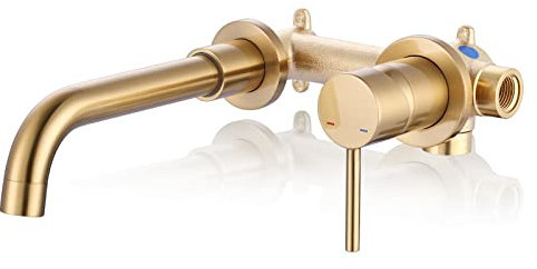 Wall Mount Bathroom Faucet - ARCORA Brushed Gold Bathroom Sink Faucet - Single Handle Vanity Tap - Swivel Spout Basin Faucet with Rough-in Valve