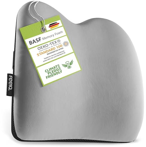 feela.® Ergonomisches Rückenkissen für Auto- und Bürostühle | Gedächtnisschaum-Rückstützkissen für Sitzkomfort und Haltung – Verstellbare Passform für Autositze und Bürostühle (Silber)