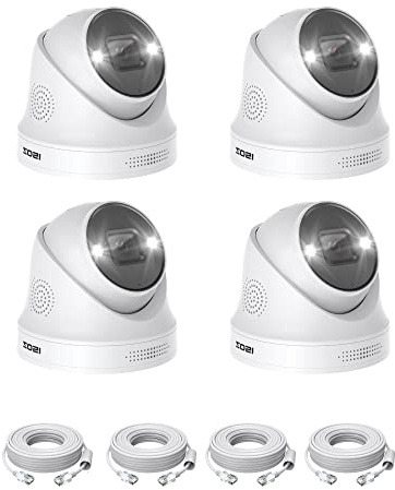 ZOSI Confezione da 4 telecamere di sicurezza PoE da 5 MP con cavi Ethernet, rilevamento del veicolo, visione notturna a colori, sirena con luce sonora, audio a 2 vie, telecamera IP a cupola per