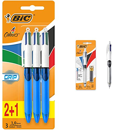 BIC 8899301 4 Colour Grip Kugelschreiber 3 Stück farblich sortiert & 4 Farben Kugelschreiber Set 4 Colours 3+1HB, mit Bleistift, 1er Pack, inkl. 12 Bleistiftminen, Ideal für das Büro, Home, Schule