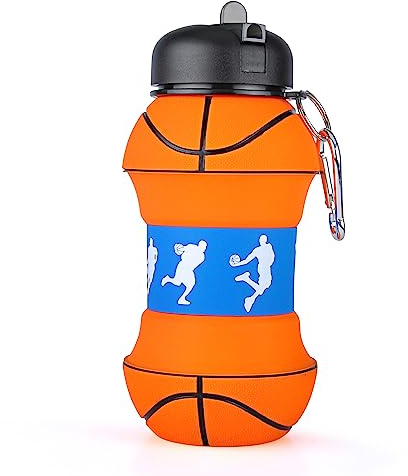 YverLand Bouteille d'eau pliable pour garçons et filles sans BPA - Gourde de camping pour enfants - Personnalisable avec votre sport - Ballon d'eau compact pour cadeau original (Basquet)