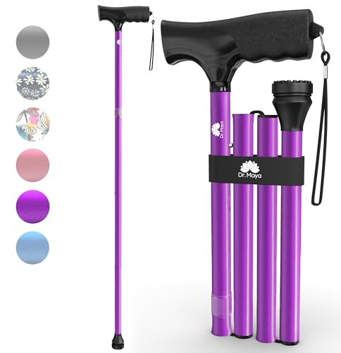 Dr. Maya Folding Walking Stick for Women and Men – Adjustable Collapsible Walking Cane with Soft T Handle and Carry Bag – Lightweight Foldable Walking Stick for Seniors, Supports 113 kg