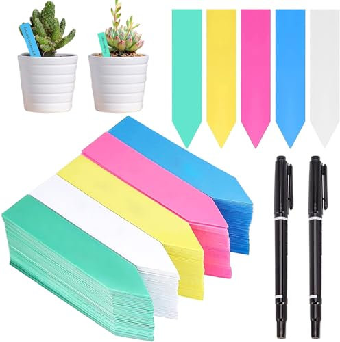 Giugio 500 Stück Pflanzenschilder, Kunststoff Pflanzenetiketten, Weiß Pflanzenstecker Stecketiketten, Wetterfest Gartenetiketten mit 2 schwarzen Filzstiften für draussen Garten Pflanzen Blumen (bunt)