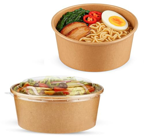 CHEF ROYALE 10x 750ml Kraft Salad Paper Bowls with Lids - Takeaway Containers for Hot/Cold Food - Leakproof Soup Containers - Carboard Packaging Bowls