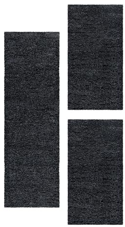 Carpetsale24 Bettumrandung Schlafzimmer 3 teilig Hochflor Teppich Anthrazit Bettvorleger Schlafzimmer Bettset: 2 St. 60x110 cm | 1 St. 80x150 cm - Einfarbiger 50 mm Flauschiger Teppich Läufer Set