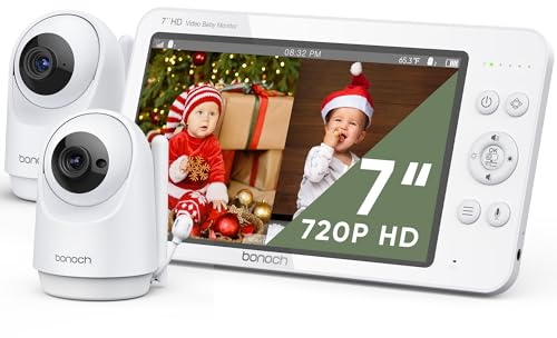 bonoch Baby Monitor with 2 Cameras and Night Vision, 7 720P HD Split Screen Video Baby Camera Monitor No WiFi with 6000mAh Battery, 2-Way Talk, Temperature, Hack Proof, Remote PTZ, 8 Lullabies