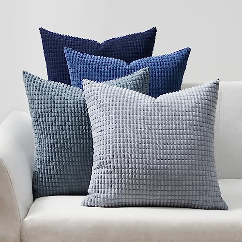 Topfinel Kissenbezug 35x35 Blau 4er Set Cord körnig Farbverlauf Kissenbezüge Kissenhülle Dekokissenbezug Sofakissen Couchkissen für Sofa Schlafzimmer Wohnzimmer Balkon Kinder flauschig