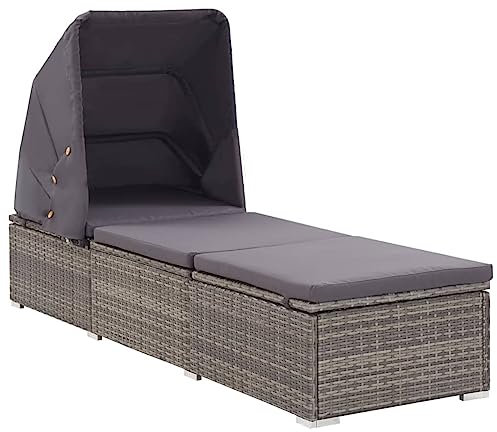 Gecheer Sonnenliege Gartenliege Relaxliege Freizeitliege Gartenmöbel Liege Holzliege Strandliege Saunaliege Liegestuhl mit Sonnenschutz und Auflagen Poly Rattan Grau