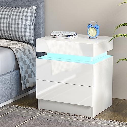 PIPIPOXER Nachttisch LED mit 2 Schubladen, Nachttisch Weiß Hochglanz Nachtkommode Kommode mit LED Licht Nachtschrank Tisch, 16 Farben Beistelltisch für Wohnzimmer, Schlafzimmer, 45x35x52cm, Weiß