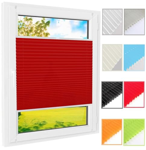 Plissee Ohne Bohren, 70 x 120 cm Blickdicht Sichtschutz Sonnenschutz, Rollo für Fenster & Tür,Plissees Klemmfix, mit Klemmträger, für Fenster & Tür, Rot