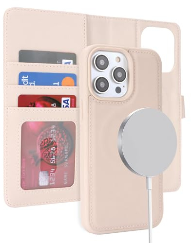 ELTEKER Hülle für iPhone 13 Pro Max, Klapphülle, beige | 2-in-1 Abnehmbare Magnetische, Kabelloses Laden Kompatibel, Kartenfach, PU-Leder, Stoßfest