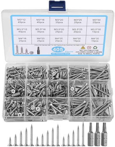 405 Stück Selbstschneidendes Schrauben-Sortiment-Set,M3/M3,5/M4,12/16/20/25/30/35mm,Holzbauschrauben, Edelstahl Blechschrauben mit 3 Stück Bits,Edelstahl-Senkkopf-Torx-Selbstbohrschrauben