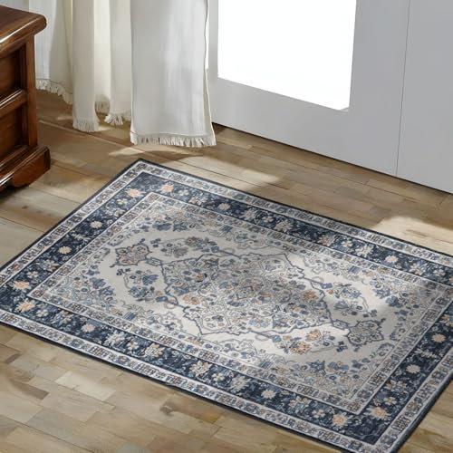 TALETA Fußmatte innen waschbar, Fussmatte dünn, Kleiner Vintage Eingangsteppich, Bettvorleger rutschfest für Ecke, Küche - Navy blau, 50 x 80 cm