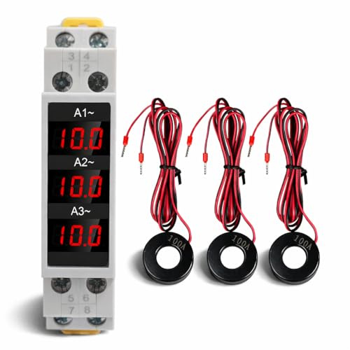 Amperímetro de Riel DIN Trifásico, Medidor de Amperios de Riel DIN con Pantalla Digital LED, Medidor de Amperios de Alta Precisión con 3 Sensores AC80‑500V 1‑100A, Tendencias de