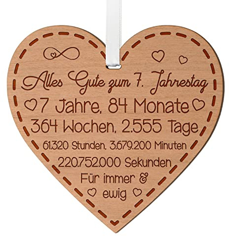 7. Hochzeitstag Geschenk für Paare, Jahrestag Geschenk für ihn und sie | Kupferhochzeit Geschenk, graviertes Holzherz, 10 cm, 4 mm Kirschholz, weißes Satinband, Wanddeko, für Partner oder Verlobte