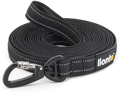lionto Schleppleine für Hunde, 10 m, gummierte Leine mit Handschlaufe und 360° Metallkarabiner mit Sicherheitsverschluss, reflektierende Hundeleine aus robustem, wetterfestem Nylon, schwarz